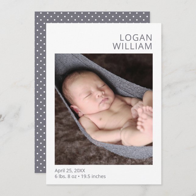 Faire-part de naissance moderne en gris photo (Devant / Derrière)