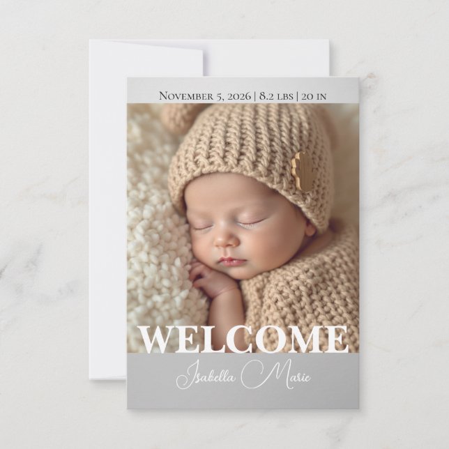 Faire-part de naissance moderne gris et blanc avec (Devant)
