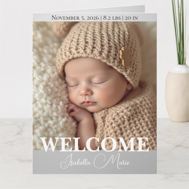 Faire-part de naissance moderne gris et blanc avec (Devant)
