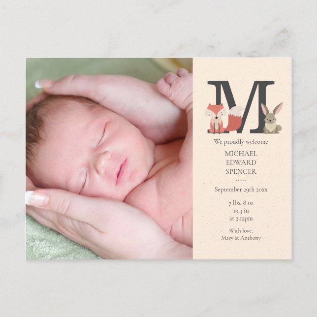 Faire-part de naissance Monogramme Bébé Animaux de (Devant)