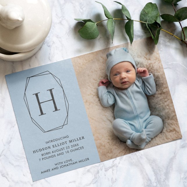 Faire-part de naissance Monogramme Carte bleue mod (Modern monogram birth announcement card in blue)