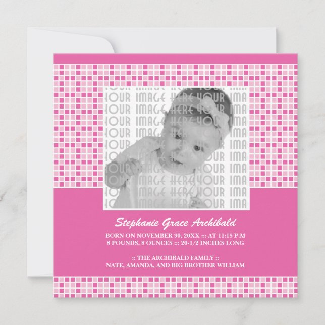 Faire-part de naissance Motif Carré rose (Devant)