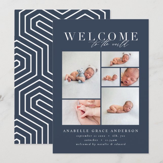 Faire-part de naissance multi photo marine géométr (Devant / Derrière)