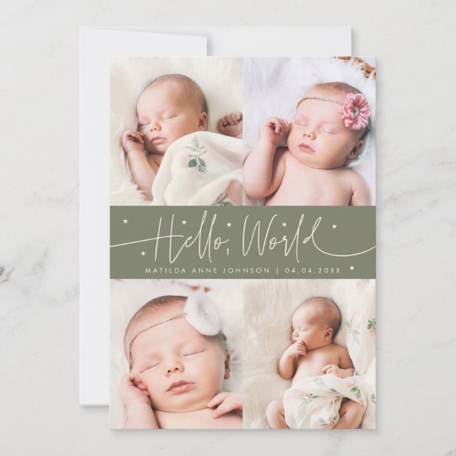 Faire-part de naissance multi-photo vert sauge écr (Devant)