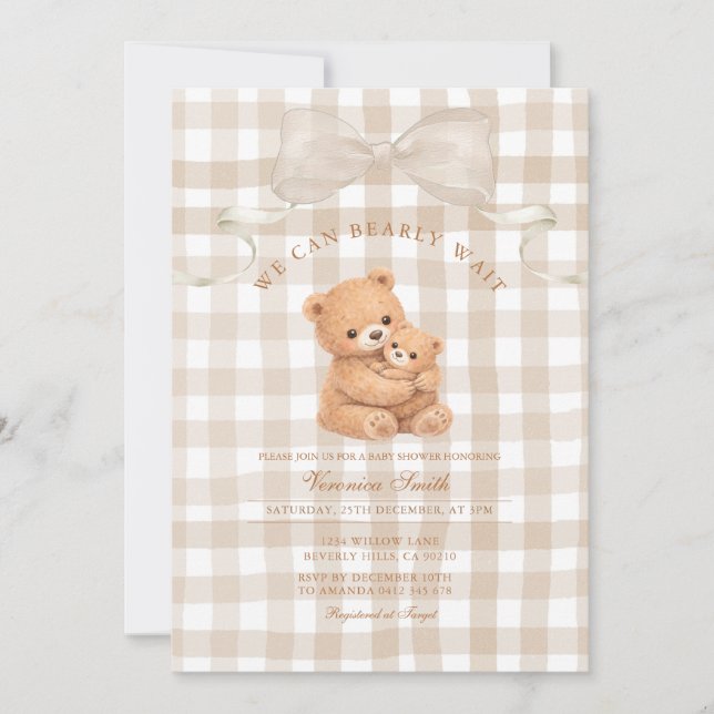 Faire-part de naissance ours à carreaux beige neut (Devant)
