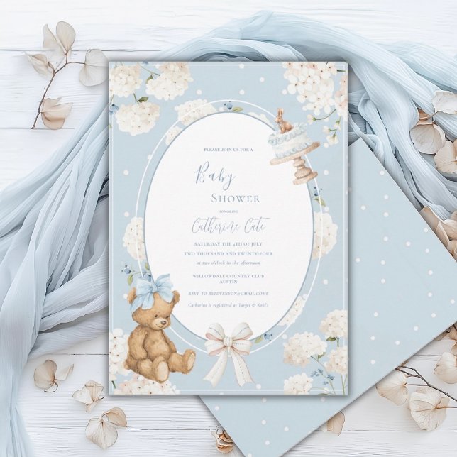 Faire-part de naissance ours élégant Hydrangea flo (Créateur téléchargé)