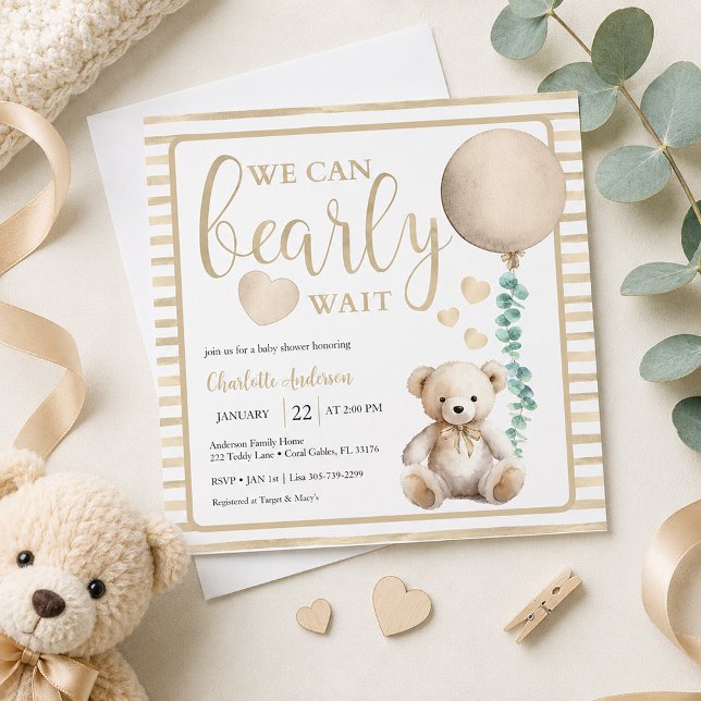 Faire-Part de Naissance Ours en Peluche Neutre (Baby shower invitation with teddy bear)