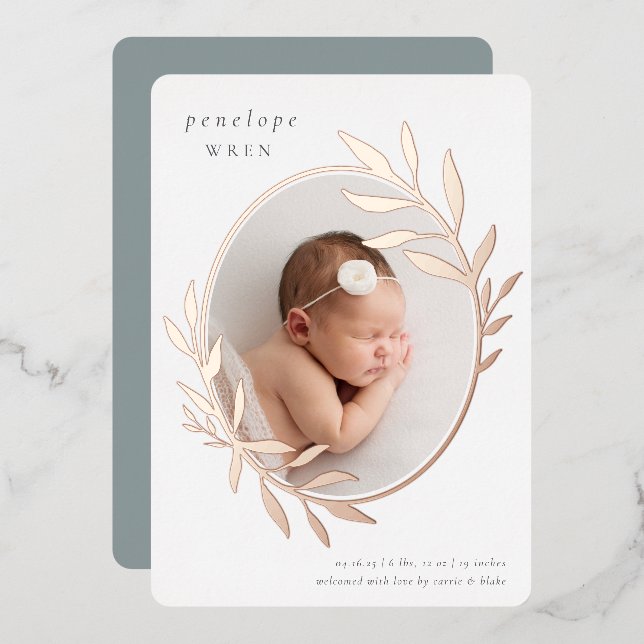 Faire-part de naissance Oval Laurel | Feuille d'or (Recto/Verso)