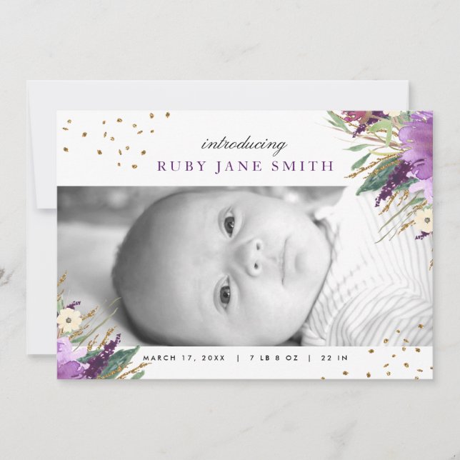 Faire-part de naissance paillettes or violet aquar (Devant)