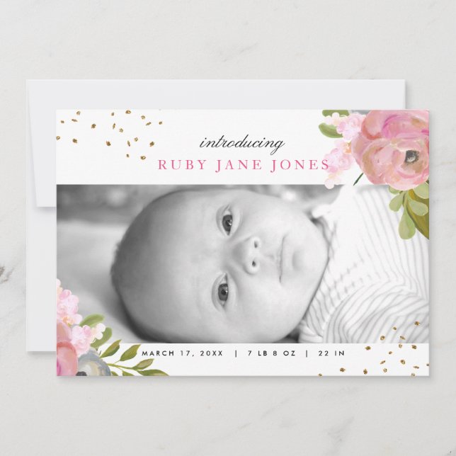 Faire-part de naissance paillettes rose aquarelle (Devant)