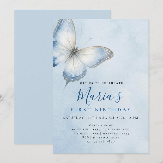 Faire-part de naissance papillon bleu élégant aqua (Devant / Derrière)