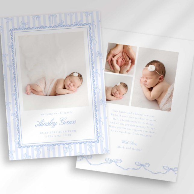 Faire-part de naissance photo à rayures et nœud Pr (Créateur téléchargé)