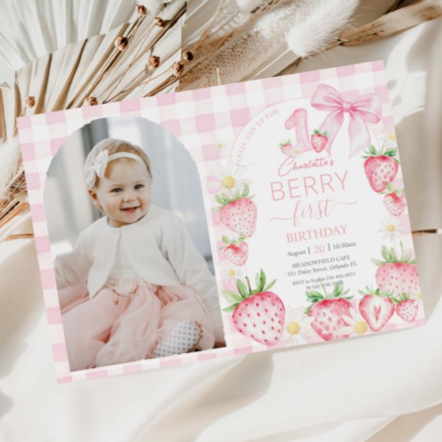 Faire-part de naissance Photo avec des fraises ros (Créateur téléchargé)