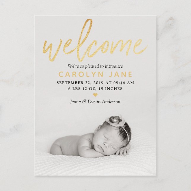 Faire-part de naissance photo avec feuille d'or "B (Devant)