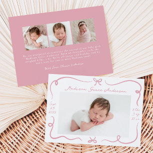 Faire-part de naissance photo avec noeuds roses fa