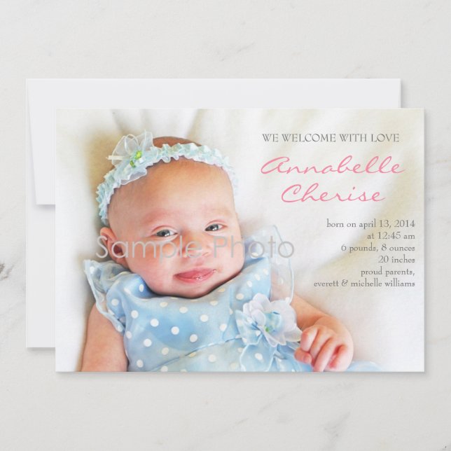 Faire-part de naissance photo avec points roses (Devant)