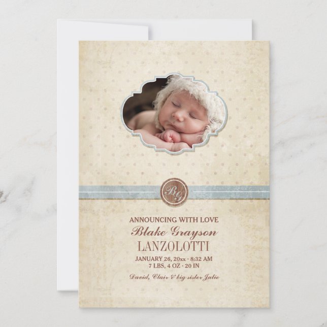 Faire-part de naissance photo bébé vintage (Devant)