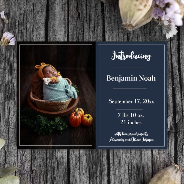 Faire-part de naissance photo bleu marine (Navy Blue Simple Photo Birth Announcement)