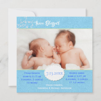 Faire-part de naissance photo bleu pour jumeaux