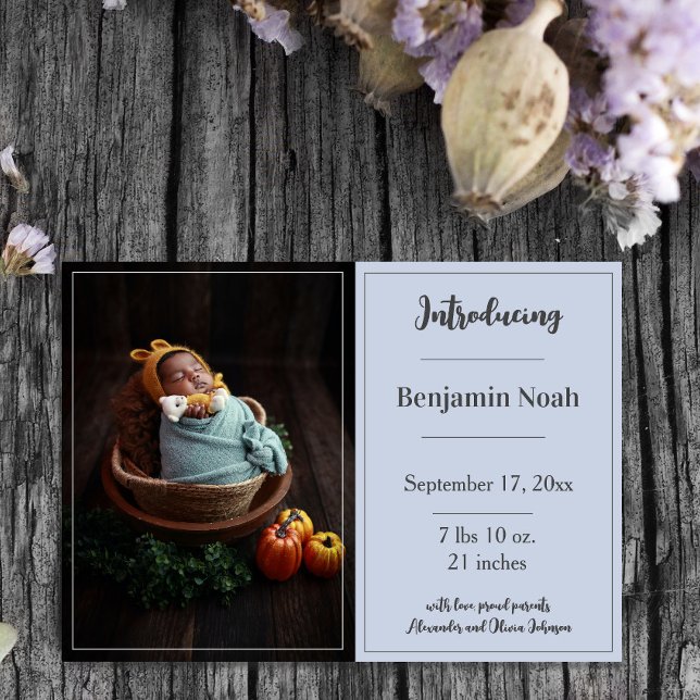 Faire-part de naissance photo bleu simple (Blue Simple Photo Birth Announcement)