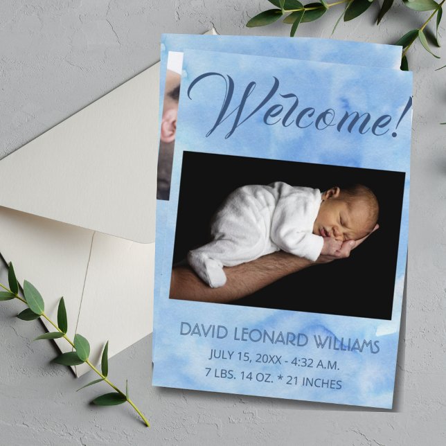 Faire-part de naissance photo Blue Baby Boy's (Modern Blue Baby Announcement Photo Card)