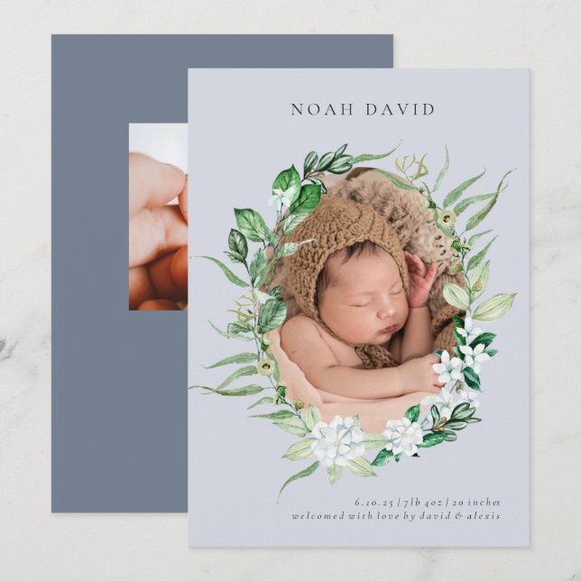Faire-part de naissance photo Blue Greenery Wreath (Devant / Derrière)