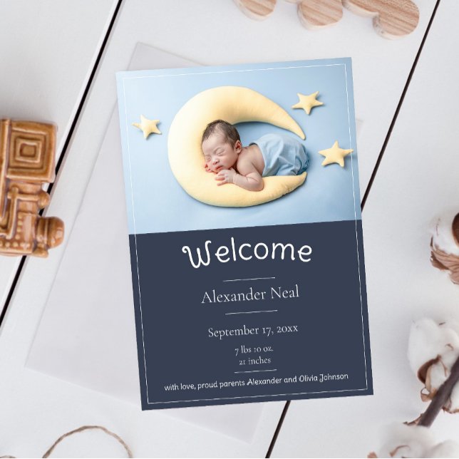 Faire-part de naissance photo Blue Modern (Blue Modern Photo Birth Announcement)