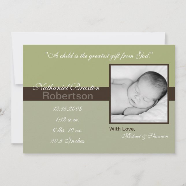 faire-part de naissance photo Brown vert 5x7 (Devant)