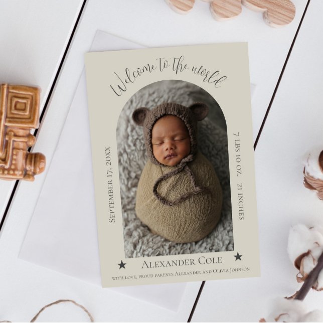 Faire-part de naissance photo cadre en arc simple  (Beige Simple Arch Frame Photo Birth Announcement)