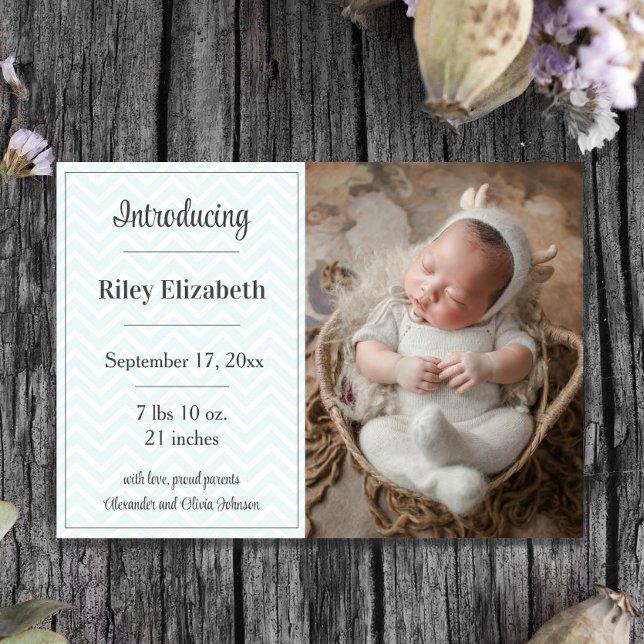 Faire-part de naissance photo Chevron turquoise (Teal Chevron Photo Birth Announcement)