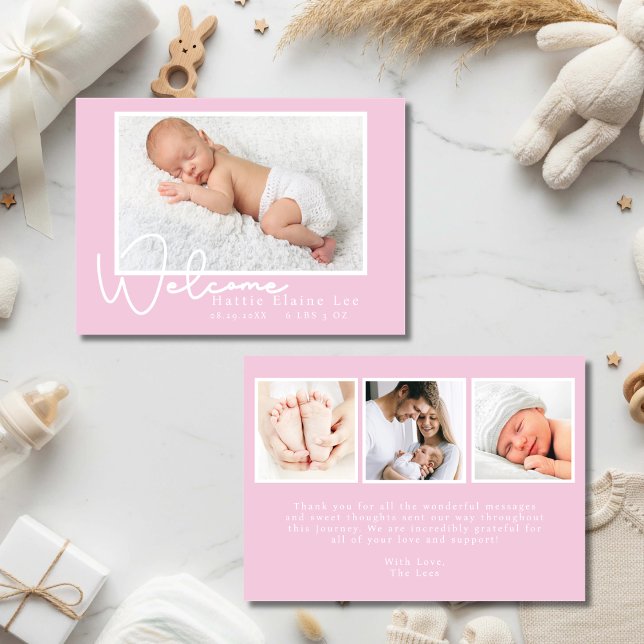 Faire-Part de Naissance Photo de Bébé Rose Moderne (Créateur téléchargé)