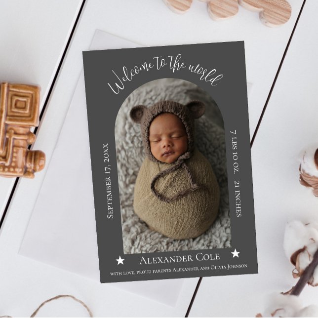 Faire-part de naissance photo de cadre d'arche gri (Gray Simple Arch Frame Photo Birth Announcement)
