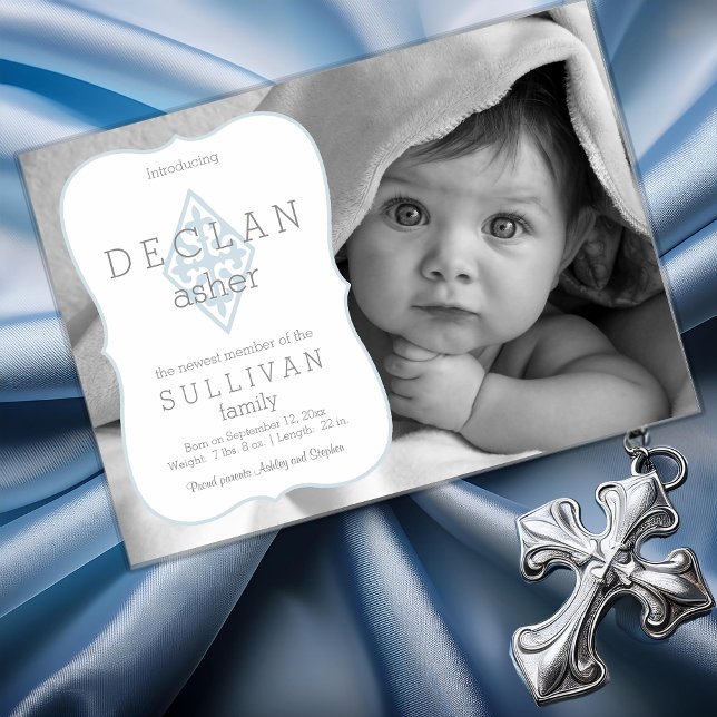 Faire-part de naissance | Photo de garçon Fleur de (Boy Photo Fleur de Lis Vintage French Catholic Cross Birth Acrylic Announcement)