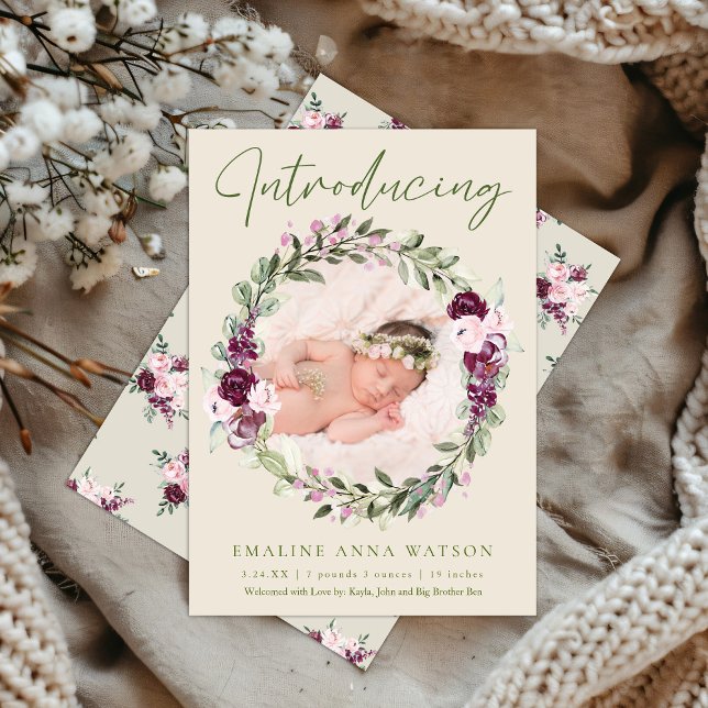 Faire-part de naissance photo de la couronne de fl (Floral Botanical Wreath Photo Baby Girl Birth Announcement)
