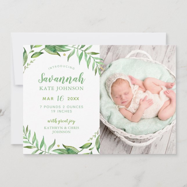 Faire-part de naissance photo Feuille Boho (Devant)