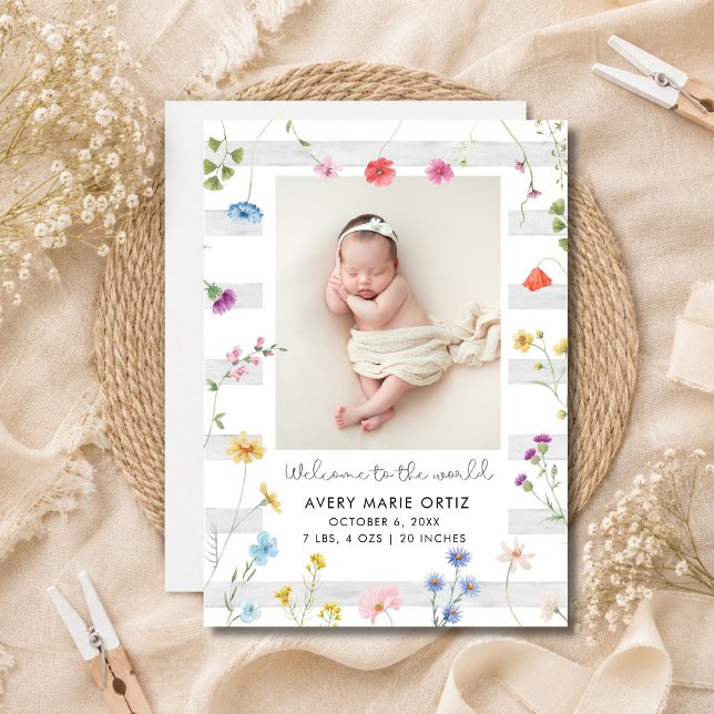 Faire-part de naissance photo floral à rayures d'é (Summer Stripe Floral Photo Birth Announcement)
