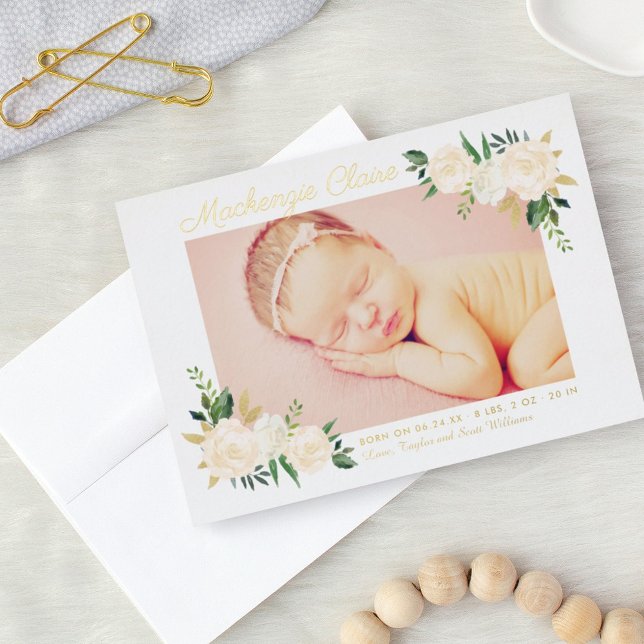 Faire-part de naissance photo floral blush feuille (Créateur téléchargé)