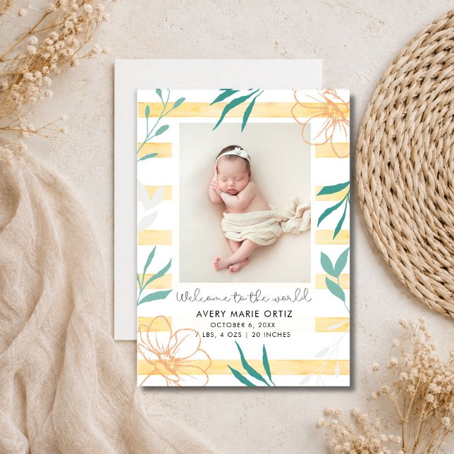 Faire-part de naissance photo florale à rayure jau (Yellow Stripe Floral Photo Birth Announcement)