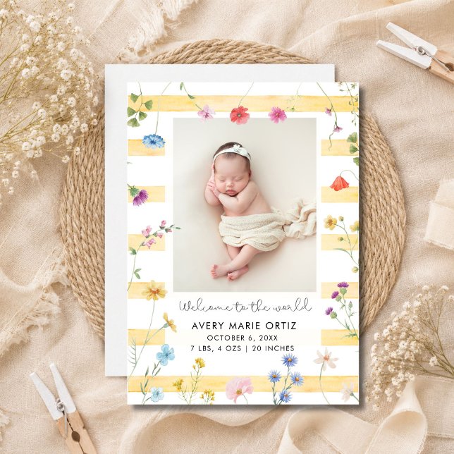 Faire-part de naissance photo florale à rayure jau (Yellow Stripe Floral Photo Birth Announcement)