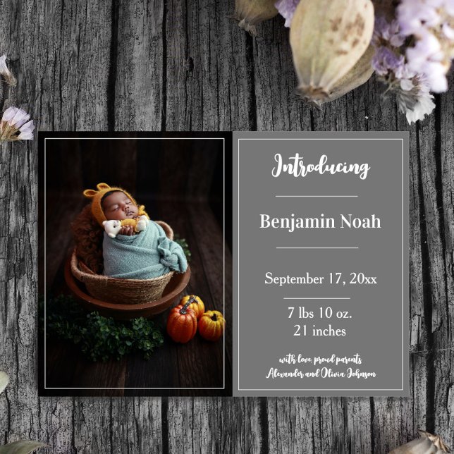 Faire-part de naissance photo gris simple (Gray Simple Photo Birth Announcement)