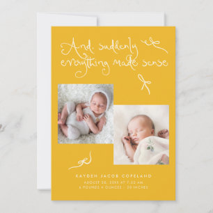 Faire-part de naissance photo jaune rubans doodle