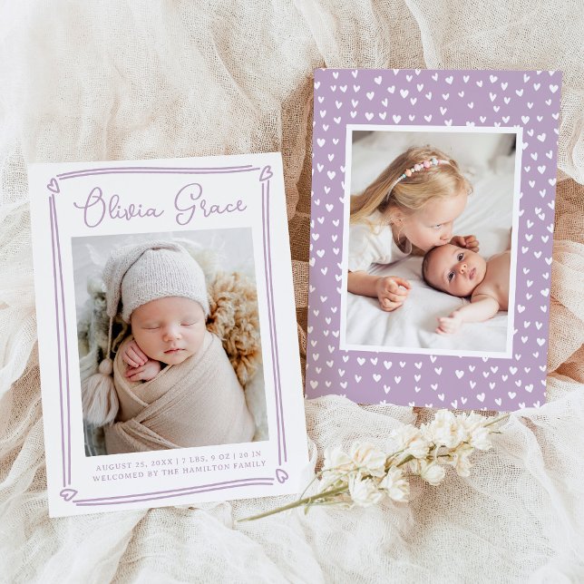 Faire-Part de Naissance Photo Lavande Cœurs Fantai (Créateur téléchargé)