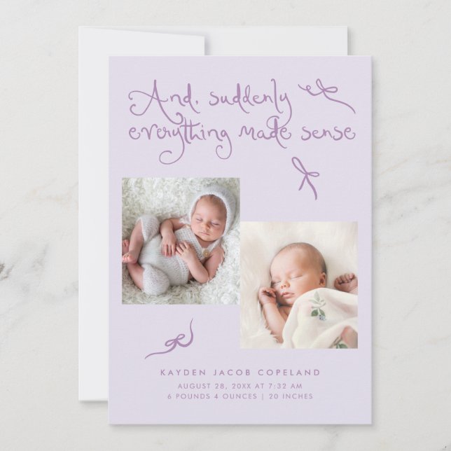 Faire-part de naissance photo lilas Doodle Cute Bo (Devant)