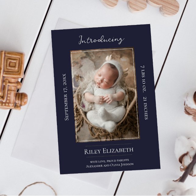 Faire-part de naissance photo moderne bleu marine (Navy Blue Modern Photo Birth Announcement)