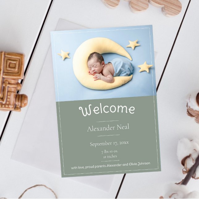 Faire-part de naissance photo moderne Sage Green (Sage Green Modern Photo Birth Announcement)