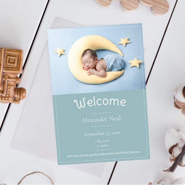 Faire-part de naissance photo moderne turquoise (Teal Modern Photo Birth Announcement)