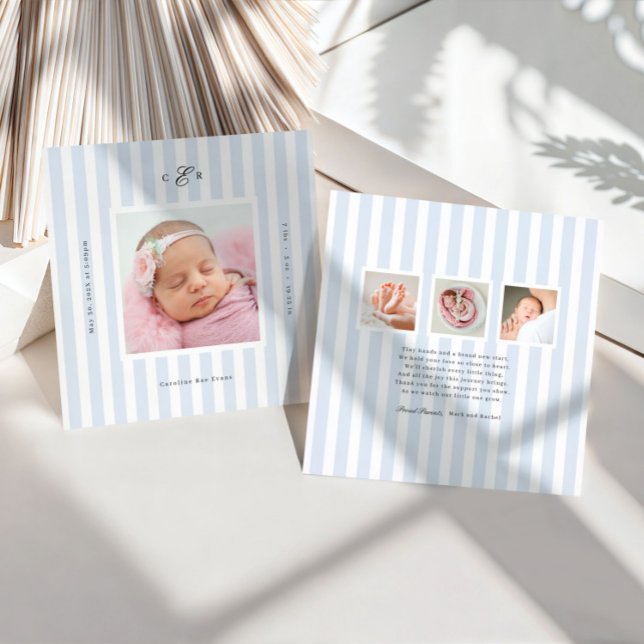 Faire-part de naissance photo monogrammé à rayures (Créateur téléchargé)