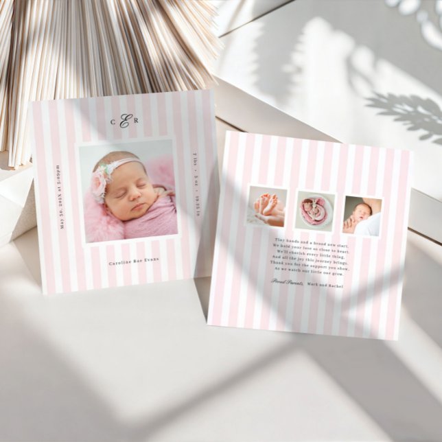 Faire-part de naissance photo monogrammé à rayures (Créateur téléchargé)