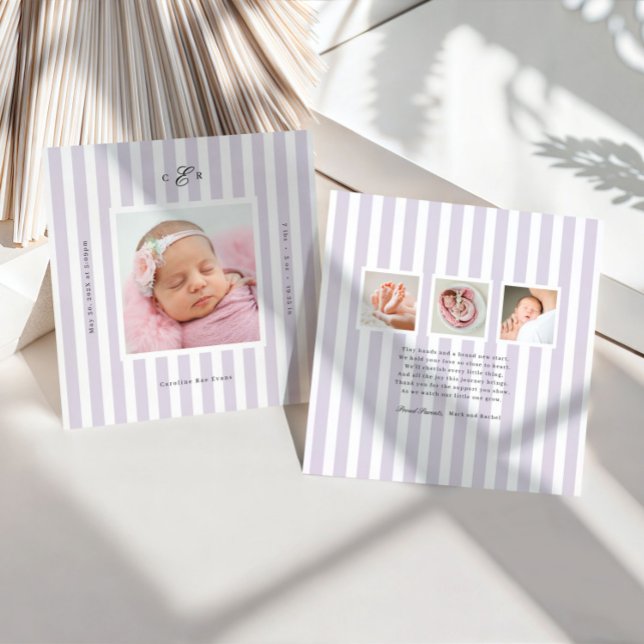 Faire-part de naissance photo monogrammé à rayures (Créateur téléchargé)