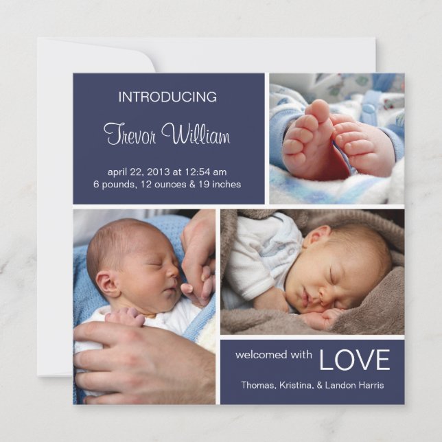 Faire-part de naissance photo multiple//Denim bleu (Devant)